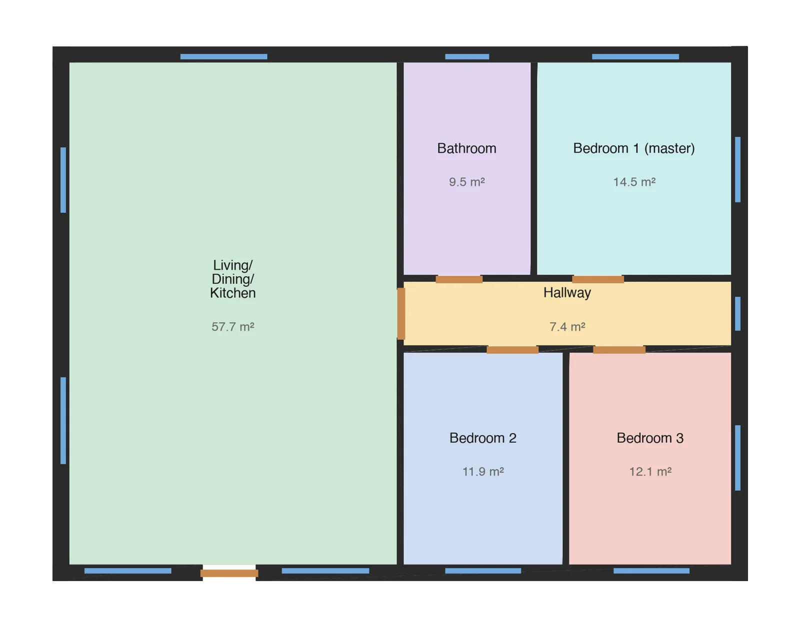 Floor plan drawn only from the IfcSpace, IfcWall, IfcDoor and IfcWindow entities of an IFC file: living, dining and kitchen 57.7 square metres, three bedrooms, bathroom and hallway