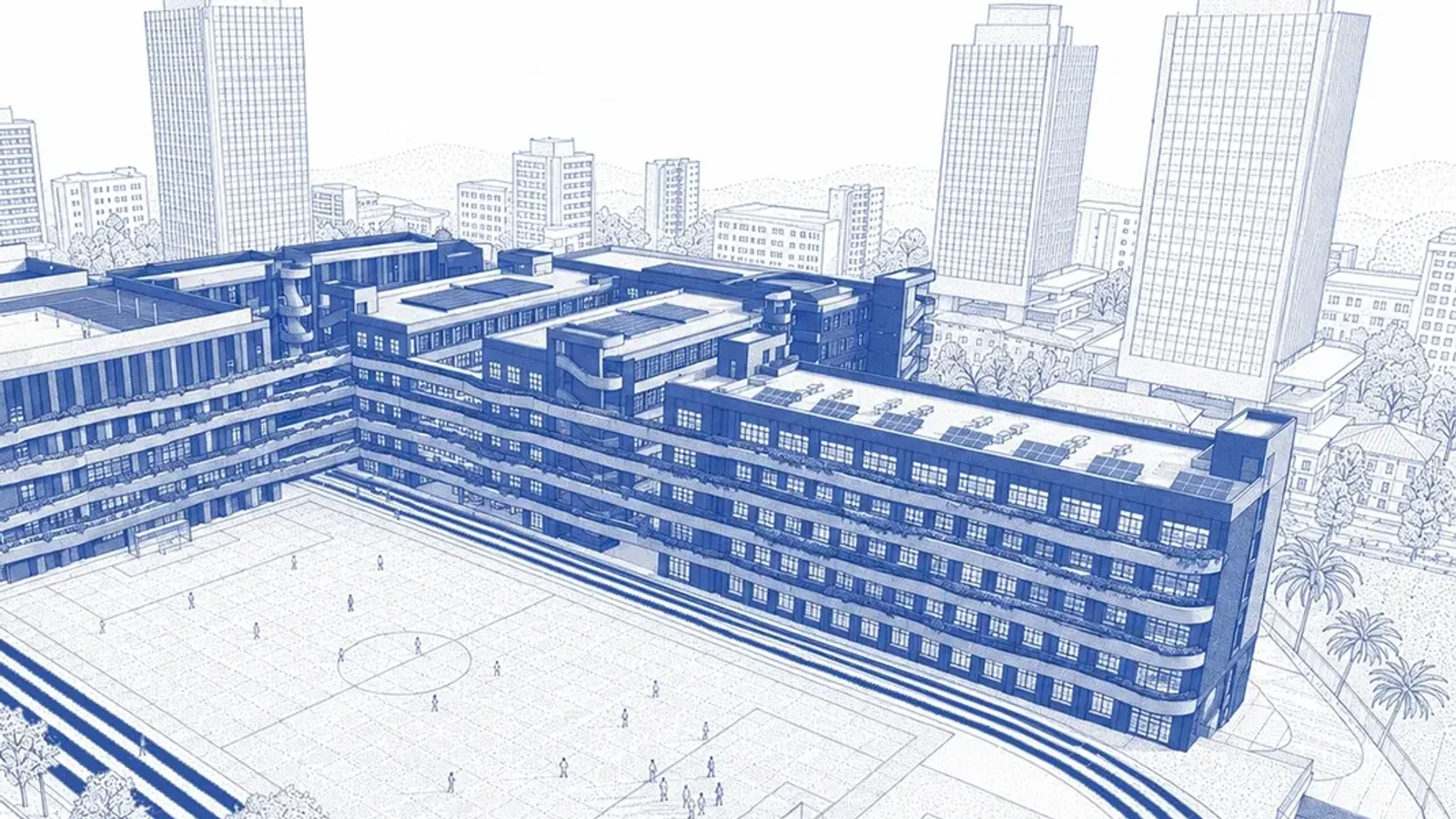 Large school building BIM model shown in blue line work around a sports field, with the surrounding city drawn in grey