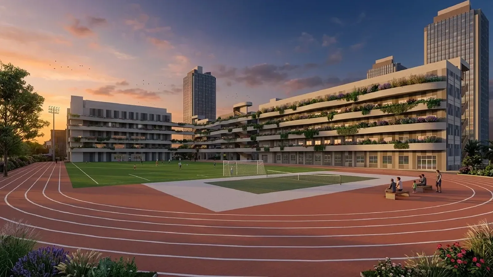 Rendered school courtyard at sunset with a running track, a football pitch and terraced classroom wings with planting
