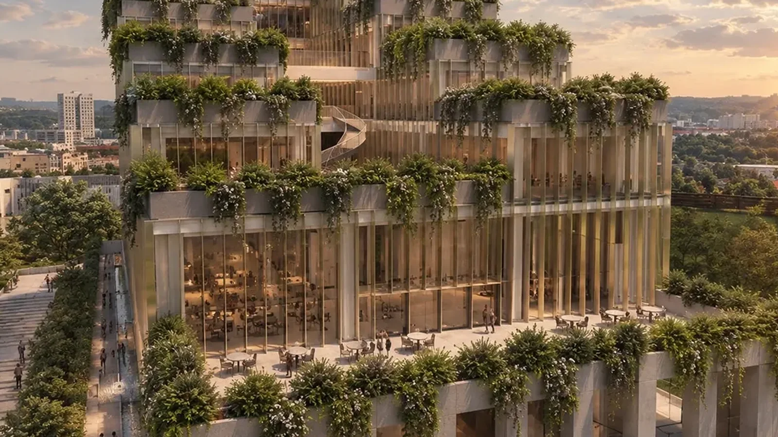 Terraced building with deep planters, curved slab edges and vertical fins, at sunset