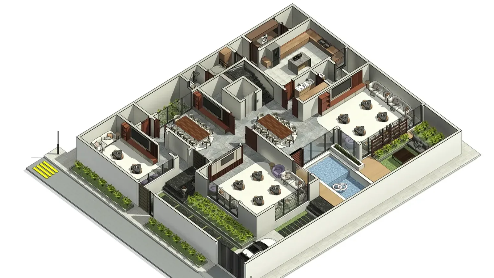 Cutaway BIM model of a villa ground floor with walls, doors, furniture, a pool and planting, seen from above