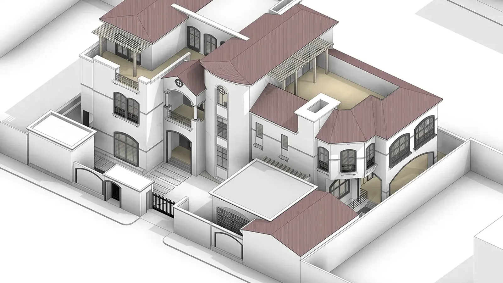White BIM model of a villa with red hipped roofs, arched windows, a courtyard and a boundary wall