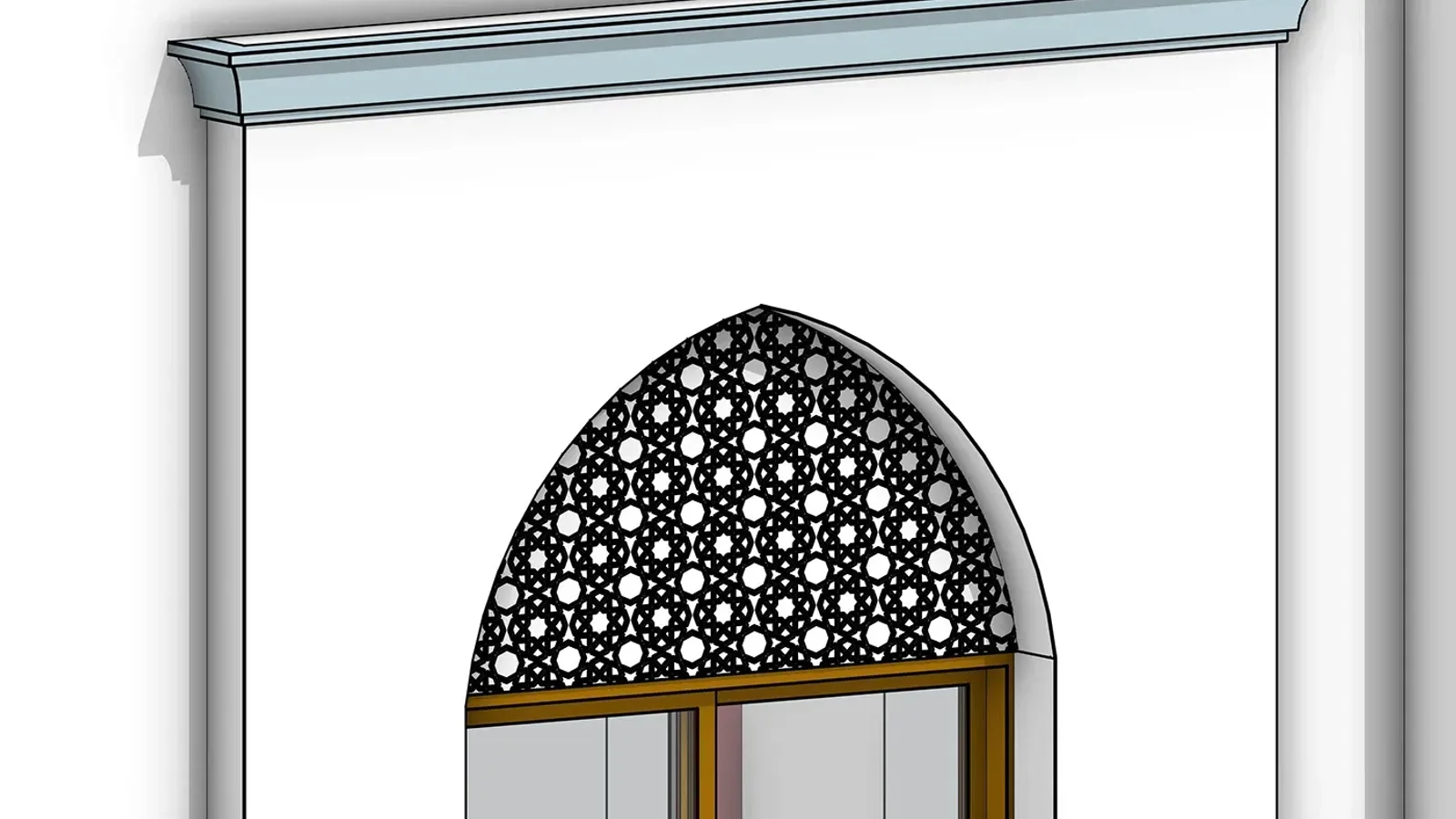 Close-up of a BIM window family: an arched opening with a geometric mashrabiya screen, a timber frame and a moulded cornice above