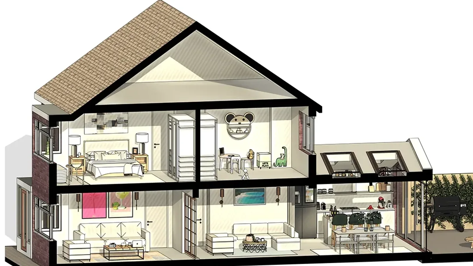 Sectional perspective through a two-storey house BIM model with a pitched roof, furnished bedrooms and living room, and a rear extension