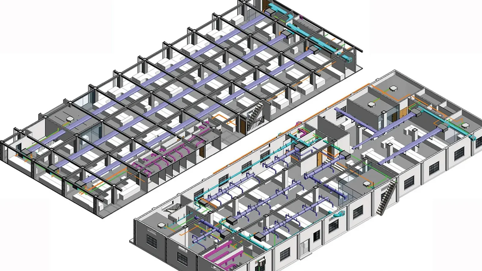 Two floors of an office building BIM model in axonometric, with ceilings removed to show ductwork, pipes and cable trays coloured by system