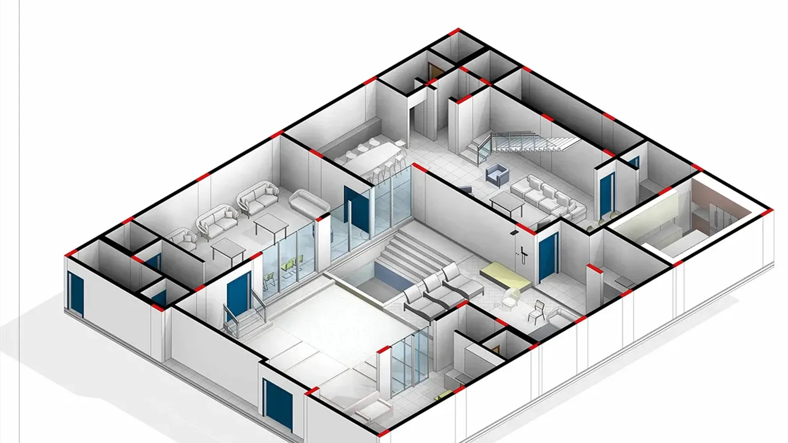 Villa ground floor BIM model cut open in axonometric, with walls, doors, glazing, stairs, furniture and red markers at wall junctions
