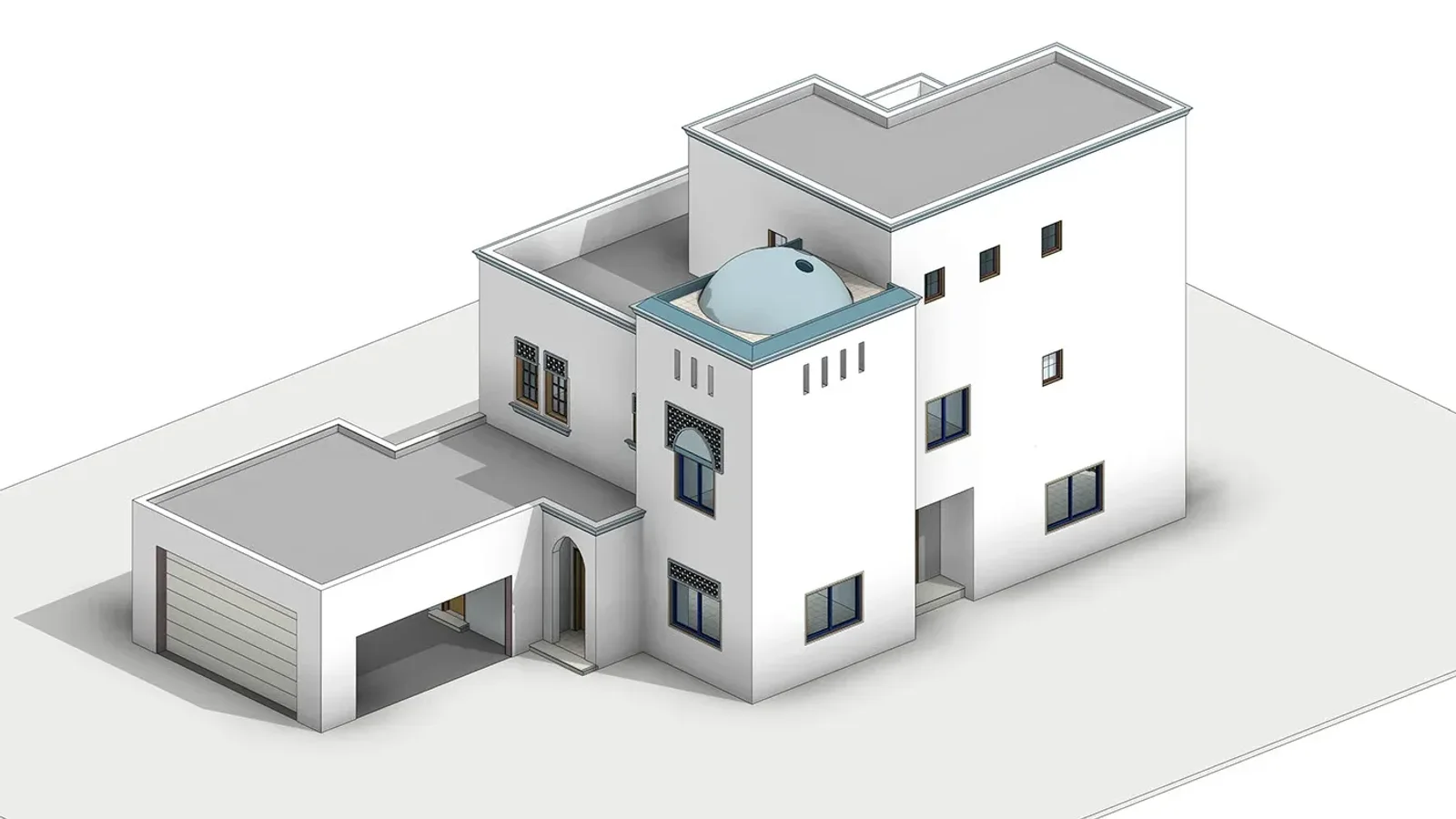 White BIM model of a two-storey villa with a dome, a garage and arched openings, seen in axonometric