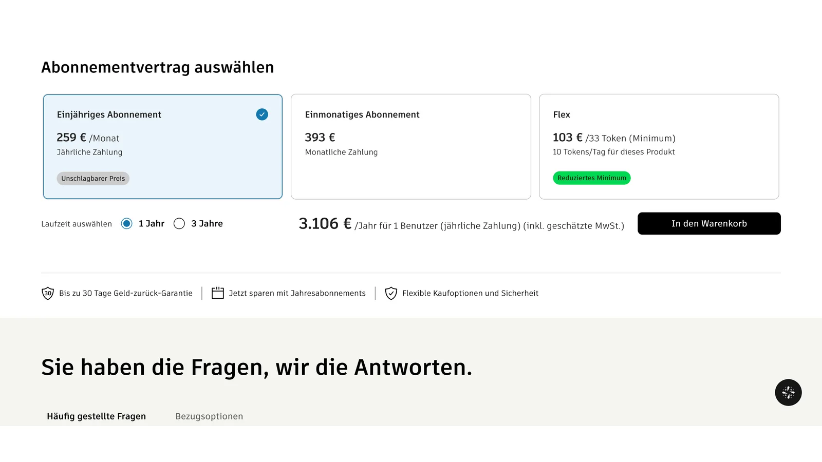 Autodesk's German Revit store: Einjähriges Abonnement 259 euros a month, jährliche Zahlung; Einmonatiges Abonnement 393 euros; Flex 103 euros for 33 tokens; 3,106 euros a year for one user including estimated VAT