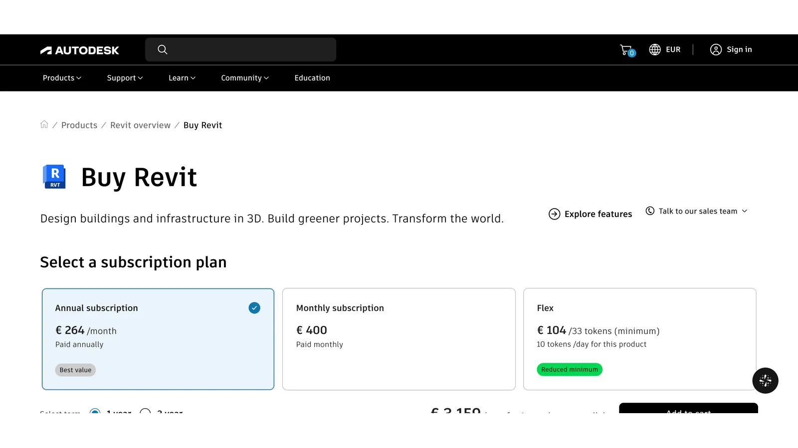 Autodesk's generic EU Revit store: Annual subscription 264 euros a month paid annually, Monthly subscription 400 euros, Flex 104 euros for 33 tokens