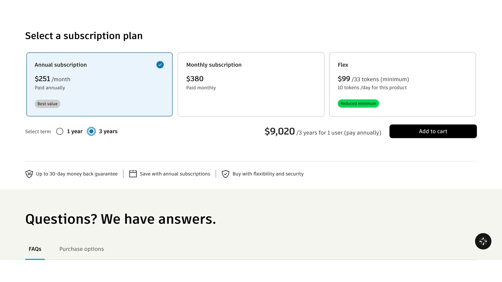 Autodesk's Buy Revit page, US store: Annual subscription $251 a month paid annually, marked Best value; Monthly subscription $380 paid monthly; Flex $99 for 33 tokens minimum, 10 tokens a day for this product; with the 3-year term selected, $9,020 for 3 years for 1 user, paid annually