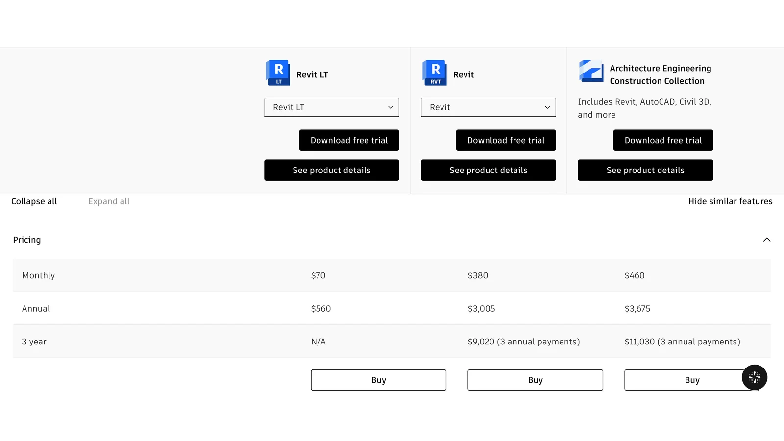 Autodesk's official comparison of Revit LT, Revit and the Architecture Engineering Construction Collection: monthly $70, $380 and $460; annual $560, $3,005 and $3,675; three years not available, $9,020 and $11,030, each in three annual payments